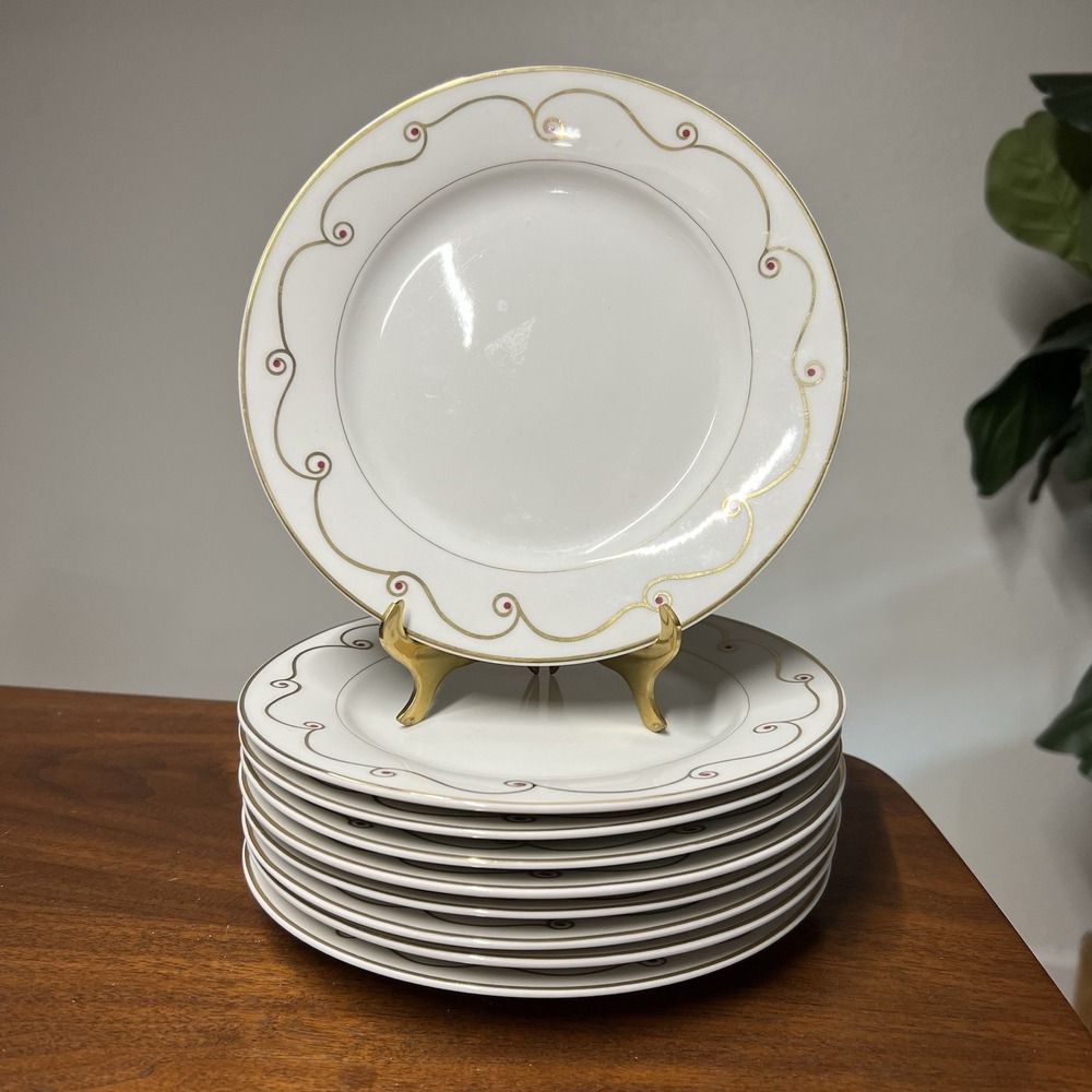 Set Of 9 Pier 1 Holiday Scroll Salad Plates 7.5" Gold Ribbon Red Christmas
